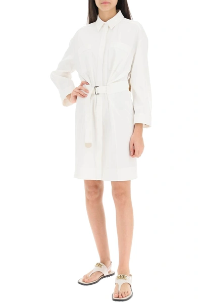 Shop Agnona Belted Twill Shirt Dress In White Cotton