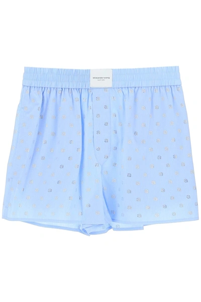 Shop Alexander Wang Boxer Shorts With Rhineston Monogram In Light Blue Cotton