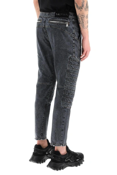 Shop Balmain Jeans With Quilted And Padded Inserts In Gray