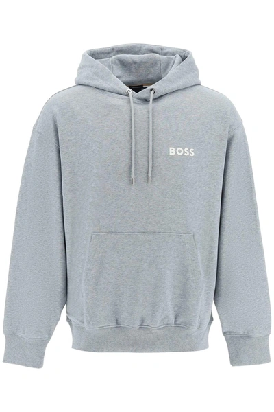 Shop Hugo Boss Boss Rubberized Logo Detail Hoodie In Gray