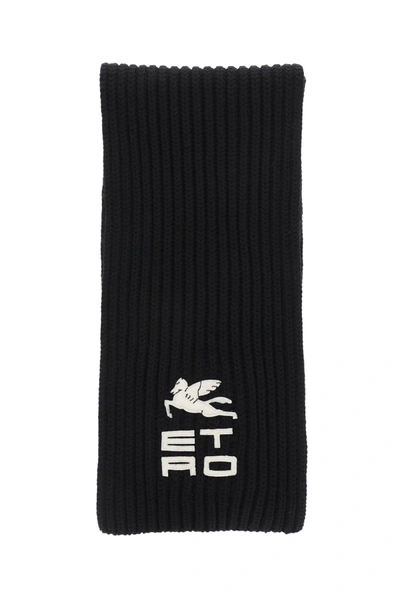 Shop Etro Wool Scarf With Logo In Black Wool