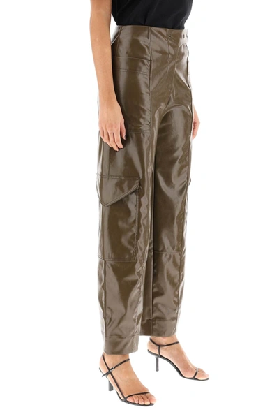 Shop Ganni Faux Leather Cargo Pants In Brown