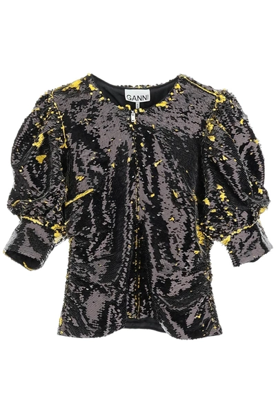 Shop Ganni Two Tone Sequin Top In Black