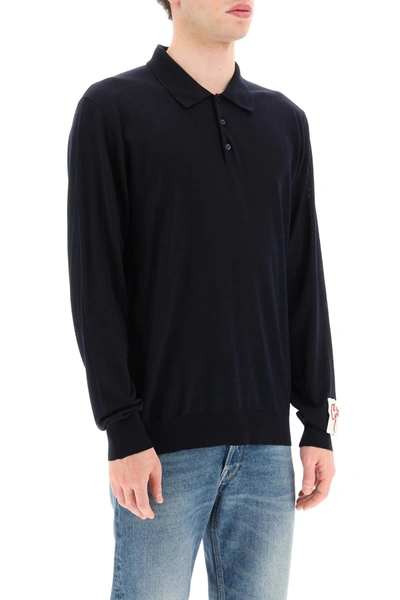 Shop Golden Goose Long Sleeve Knit Polo Shirt In Blue Wool