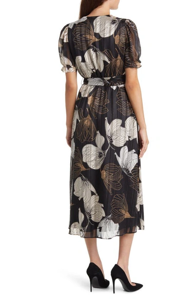 Shop Anne Klein Metallic Floral Puff Sleeve Midi Dress In Anne Black/ Crema Multi