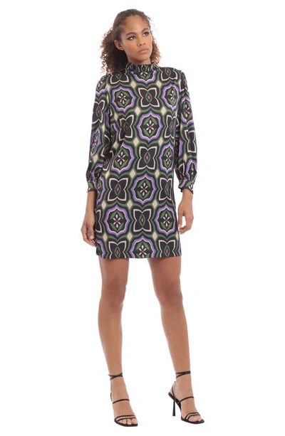 Shop Donna Morgan For Maggy Geometric Long Sleeve Twist Shift Miniress In Black/ Purple