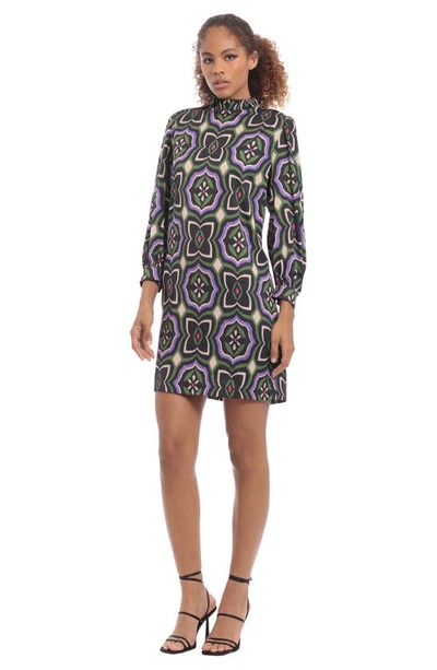 Shop Donna Morgan For Maggy Geometric Long Sleeve Twist Shift Miniress In Black/ Purple