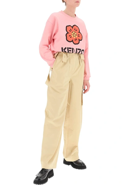 Shop Kenzo Cotton Cargo Pants With Suspenders In Beige Cotton