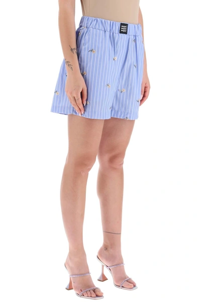 Shop Msgm Striped Poplin Shorts With Sequin Flowers