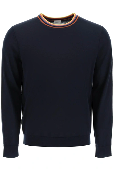 Shop Paul Smith Merino Wool Sweater With Tricolour Detail In Blue
