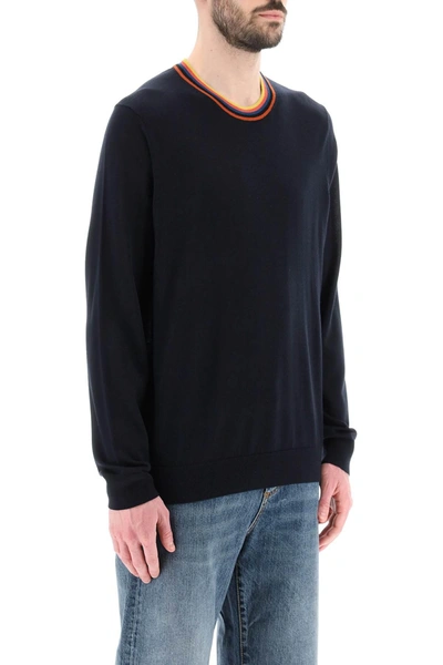 Shop Paul Smith Merino Wool Sweater With Tricolour Detail In Blue