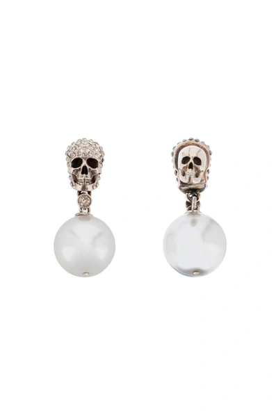 Shop Alexander Mcqueen Pearl Skull Earrings With Crystal Pavé Women In Silver