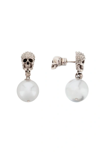 Shop Alexander Mcqueen Pearl Skull Earrings With Crystal Pavé Women In Silver
