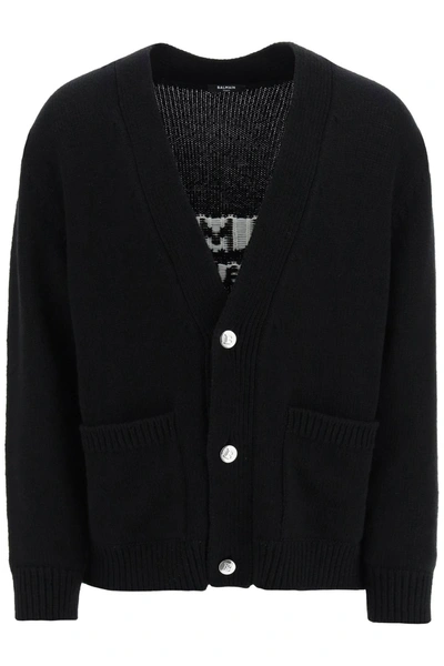 Shop Balmain Jacquard Cardigan With Back Logo Men In Black