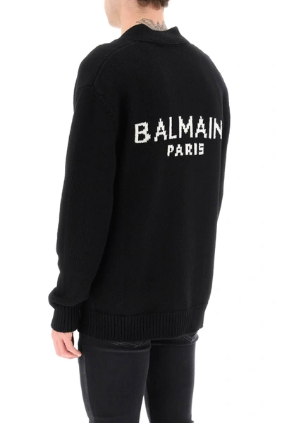 Shop Balmain Jacquard Cardigan With Back Logo Men In Black