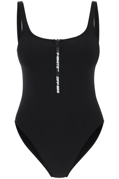 Shop Off-white One-piece Swimsuit With Zip And Logo Women In Black