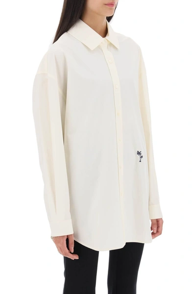 Shop Palm Angels Poplin Shirt With Palm Embroidery Women In White