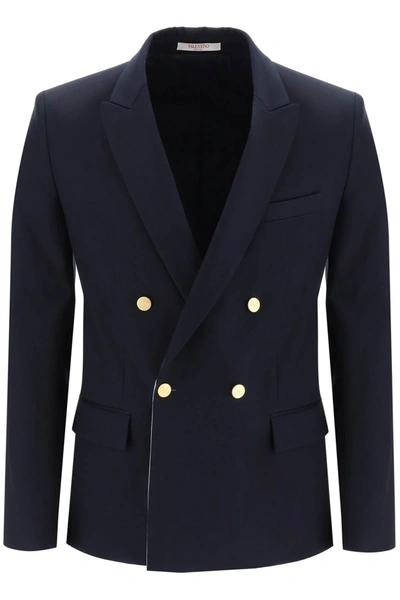 Shop Valentino Drouble-breasted Blazer With Rear Vents Men In Blue