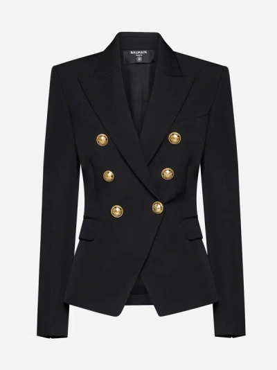 Shop Balmain Wool Double-breasted Blazer In Black