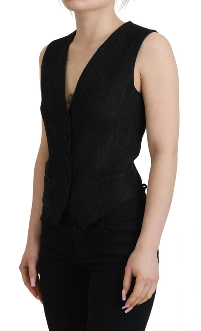 Dolce & Gabbana Black Brocade Button Down Sleeveless Vest Top In Black