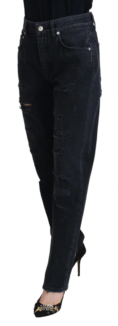 Dolce & Gabbana Black Cotton Tattered High Waist Denim Jeans In Black