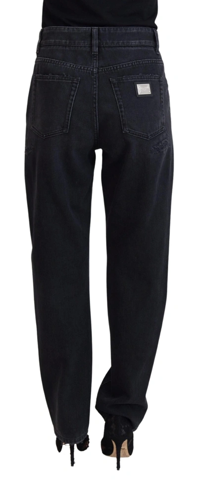 Dolce & Gabbana Black Cotton Tattered High Waist Denim Jeans In Black