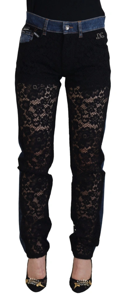 Shop Dolce & Gabbana Elegant Floral Lace Front Women's Denim In Black And Blue