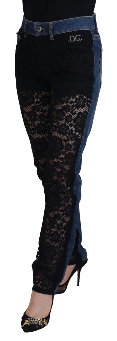 Dolce & Gabbana Black Floral Lace Front Skinny Denim Jeans In Black And Blue