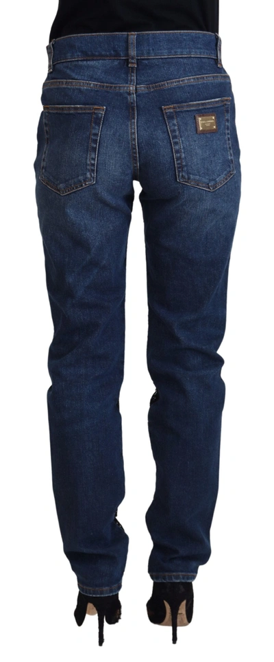 Dolce & Gabbana Black Floral Lace Front Skinny Denim Jeans In Black And Blue