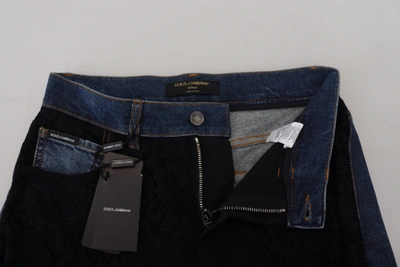 Dolce & Gabbana Black Floral Lace Front Skinny Denim Jeans In Black And Blue