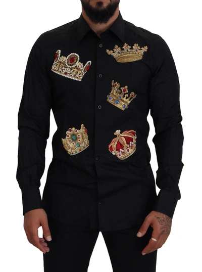 Shop Dolce & Gabbana Elegant Black Slim Fit Dress Shirt With Crown Men's Embroidery