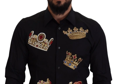 Shop Dolce & Gabbana Elegant Black Slim Fit Dress Shirt With Crown Men's Embroidery