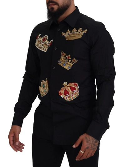 Shop Dolce & Gabbana Elegant Black Slim Fit Dress Shirt With Crown Men's Embroidery