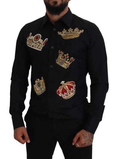 Shop Dolce & Gabbana Elegant Black Slim Fit Dress Shirt With Crown Men's Embroidery