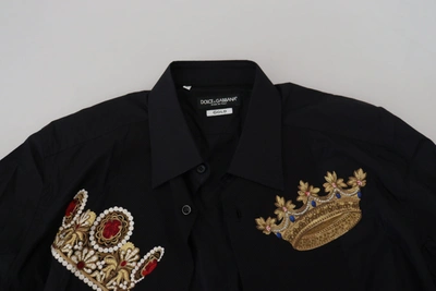 Shop Dolce & Gabbana Elegant Black Slim Fit Dress Shirt With Crown Men's Embroidery