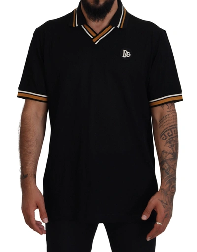 Shop Dolce & Gabbana Black Silk Collar Short Sleeve Polo  Men's T-shirt