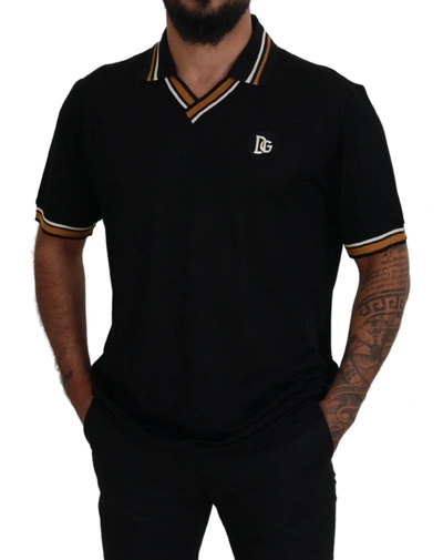 Shop Dolce & Gabbana Black Silk Collar Short Sleeve Polo  Men's T-shirt