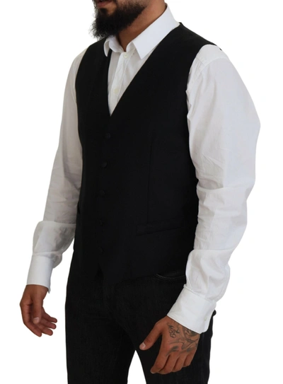 Dolce & Gabbana Blue Waistcoat Formal Stretch Wool Vest In Black