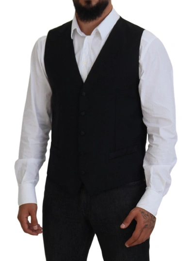 Dolce & Gabbana Blue Waistcoat Formal Stretch Wool Vest In Black