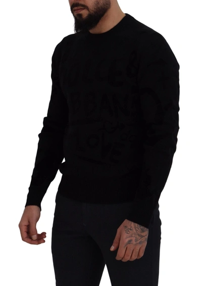 Dolce & Gabbana Black Wool Logo Pattern Crewneck Pullover Sweater In Black