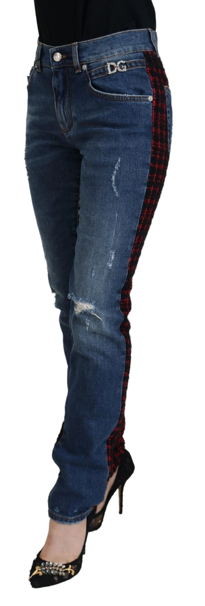Dolce & Gabbana Blue Checkered Back Skinny Denim Jeans In Blue
