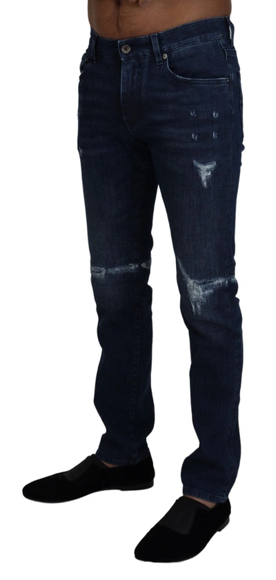 Dolce & Gabbana Blue Cotton Skinny Tattered Denim Jeans In Blue