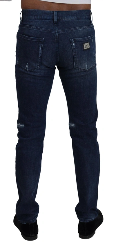 Dolce & Gabbana Blue Cotton Skinny Tattered Denim Jeans In Blue