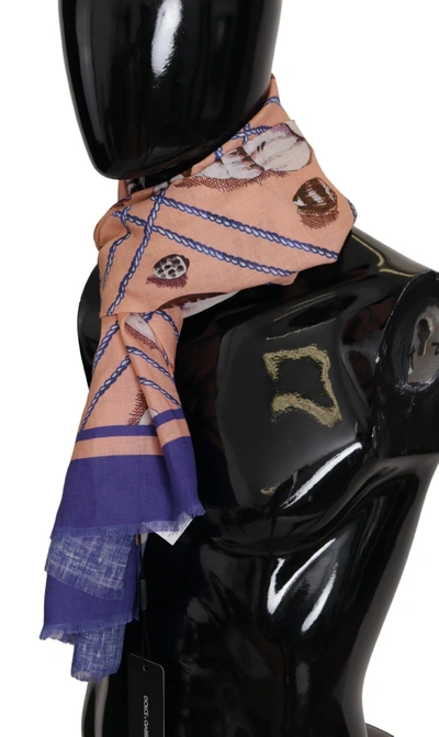 Dolce & Gabbana Blue Linen Seashell Pattern Mens Wrap Shawl Scarf In Multicolor
