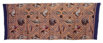 Dolce & Gabbana Blue Linen Seashell Pattern Mens Wrap Shawl Scarf In Multicolor