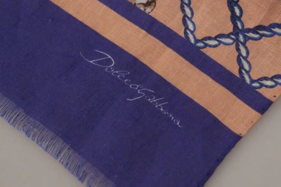 Dolce & Gabbana Blue Linen Seashell Pattern Mens Wrap Shawl Scarf In Multicolor