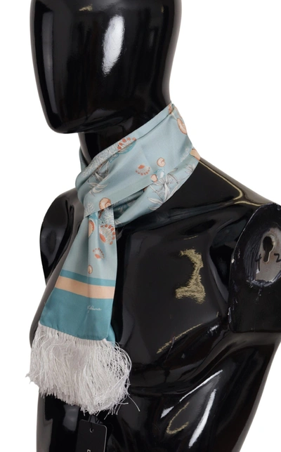 Dolce & Gabbana Blue Silk Shiny Shell-print Neck Wrap Fringed Scarf In Blue