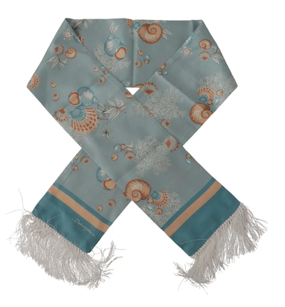 Dolce & Gabbana Blue Silk Shiny Shell-print Neck Wrap Fringed Scarf In Blue