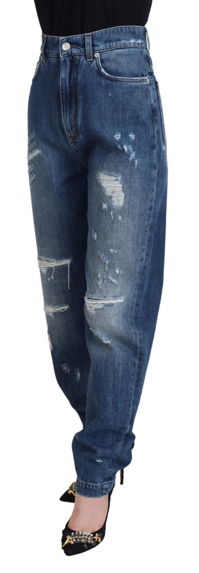 Dolce & Gabbana Blue Washed Cotton Tattered Denim Jeans In Blue