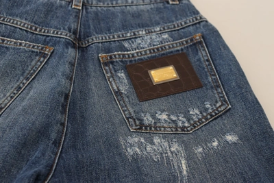 Dolce & Gabbana Blue Washed Cotton Tattered Denim Jeans In Blue